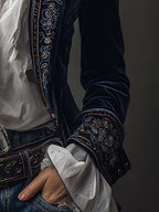 Embroidered Long Jacket in Vintage Navy Polyester Velvet