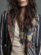 Bohemian Striped Blazer with Floral Print in Cotton and Linen