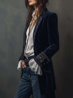 Embroidered Long Jacket in Vintage Navy Polyester Velvet