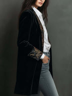 Classic Black Velvet Blazer with Baroque Printed Lapel - Timeless Vintage Luxury
