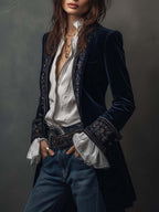 Embroidered Long Jacket in Vintage Navy Polyester Velvet