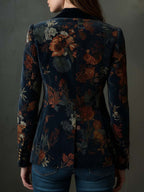 Retro Floral Pattern Velvet Blazer with Metal Buttons