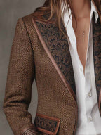 Herringbone Tweed Blazer Featuring Printed Panels