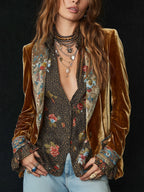 Retro Floral Patchwork Velvet Blazer with Lapel Detail