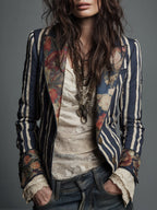 Bohemian Striped Blazer with Floral Print in Cotton and Linen