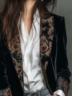 Classic Black Velvet Blazer with Baroque Printed Lapel - Timeless Vintage Luxury
