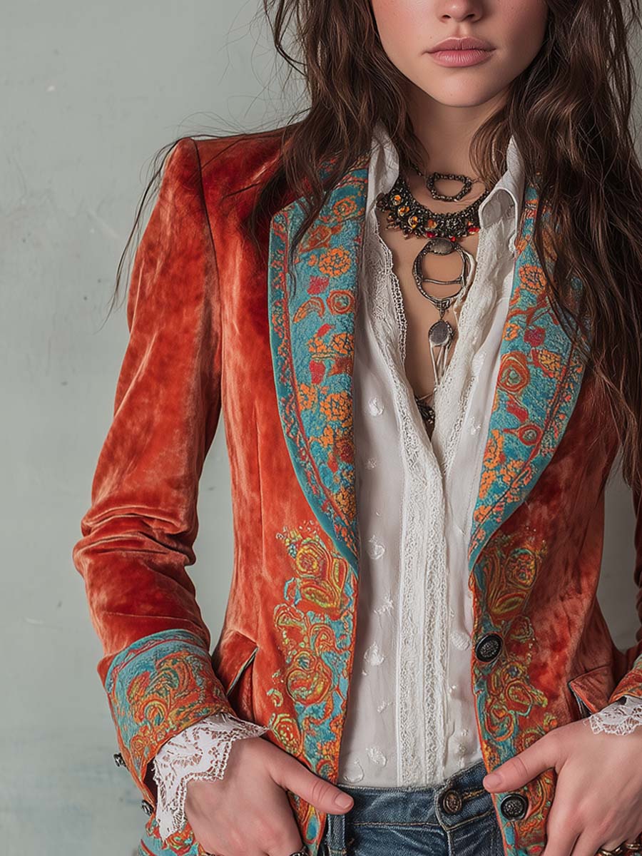 Vintage-Inspired Color Block Velvet Blazer with Print