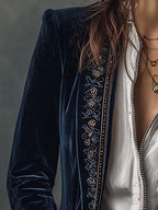 Embroidered Long Jacket in Vintage Navy Polyester Velvet