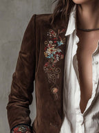 Retro Brown Suede Blazer Featuring Embroidered Accents