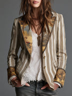Bohemian Striped Cotton Blazer Featuring Printed Lapels