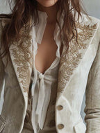 Ivory Velvet Blazer with Lace Cuffs and Embroidered Details