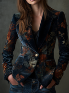 Retro Floral Pattern Velvet Blazer with Metal Buttons
