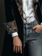 Classic Black Velvet Blazer with Baroque Printed Lapel - Timeless Vintage Luxury