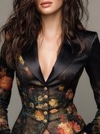 Chic Floral Print Satin Blazer with Elegant Oil Painting Design