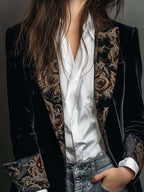Classic Black Velvet Blazer with Baroque Printed Lapel - Timeless Vintage Luxury