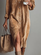 Jessy - Loose Corduroy Double Chest Pocket Breasted Midi Dress