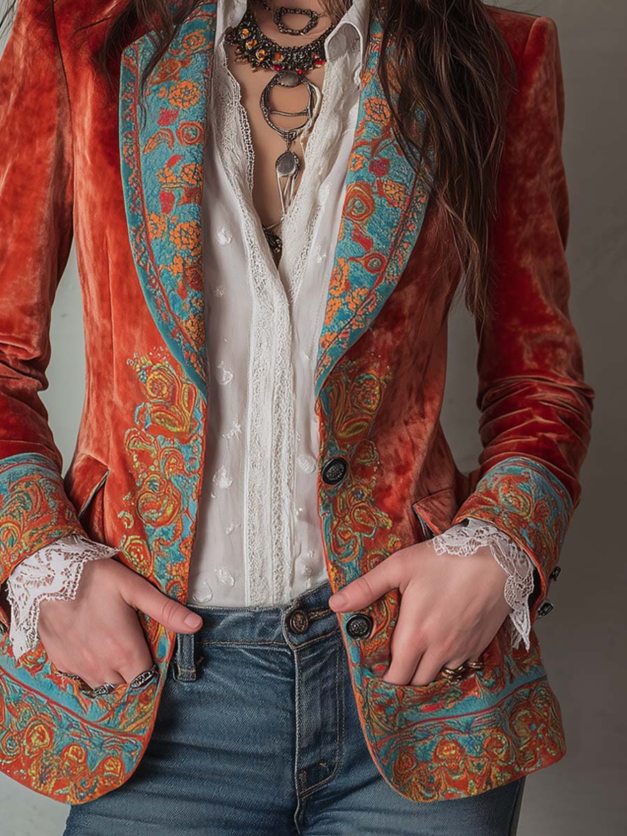 Vintage-Inspired Color Block Velvet Blazer with Print