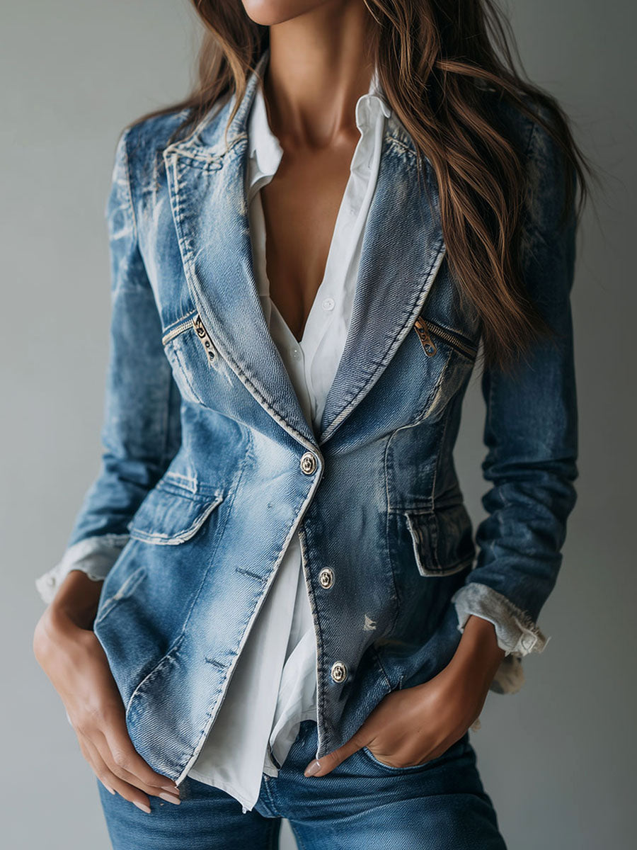 Classic Relaxed Fit Washed Denim Blazer