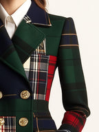 Relaxed Plaid Double-Breasted Wool Blazer with Lapel